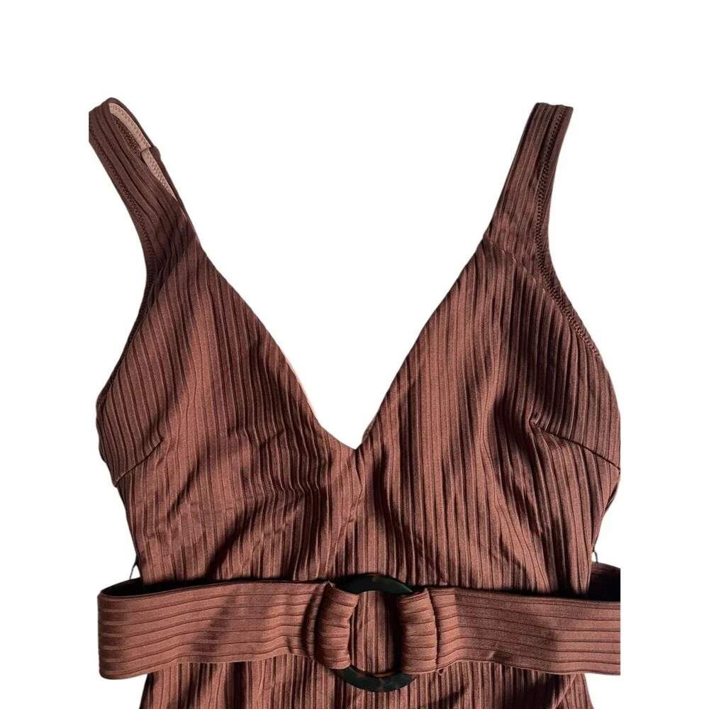 J.Crew NEW Wide Rib Belted One Piece Swimsuit Brown US 8 V Neck Beach Resortwear